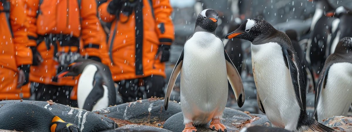 5 Winter Destinations - penguins with orange-clad tourists behind