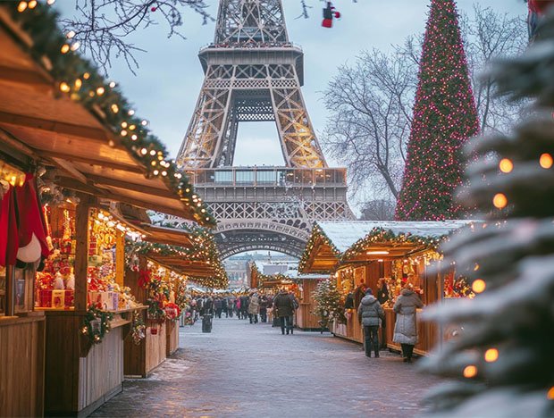 France Christmas markets – Paris market stalls representation with Eiffel Tower in background-1 France Christmas markets - Paris market stalls representation with Eiffel Tower in background