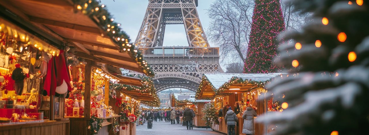 France Christmas markets – Paris market stalls representation with Eiffel Tower in background France Christmas markets - Paris market stalls representation with Eiffel Tower in background