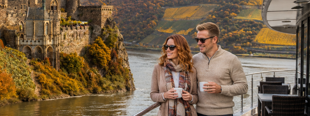 Shoulder season -Younger couple on a river cruise ship on the Rhine